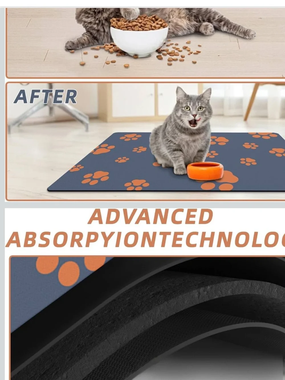 Non-Slip Dog CatFeeding Mat - Gray Orange Paw Prints NWT